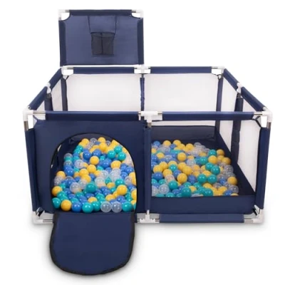 Image de Selonis Parc Bébé Avec 100 Balles Plastiques Aire De Jeu Pliable Basket, Bleu:Turquoise/Bleu/Jaune/Transparent