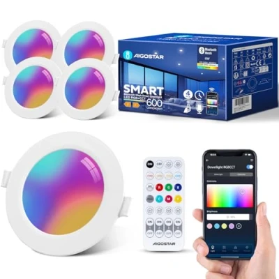 Image de Aigostar Spot LED Encastrable 6W, Plafonnier Encastré Compatible avec Alexa Bluethooth Mesh, RGB Dimmable et Blanc Réglable 2700 6500K, Downlight pour Salon Salle de Bain, Ф100 110mm, 600LM, 4 Pièces