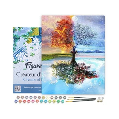 Image de Figured&#039;Art Peinture par Numéro Adulte avec Cadre Arbre 4 Saisons Activité Manuelle Kit de Loisir Créatif DIY d&#039;Art Complet 40x50cm toile tendue sur châssis