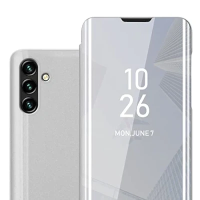 Image de cadorabo Coque Compatible avec Samsung Galaxy A13 5G en Agate Argent Housse Protection Miroir Clear View Pochette de Fonction Support à 360 Degrés