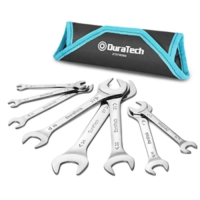 Image de DURATECH Clés plates à double extrémité ouverte ultra fine, chromé miroir avec pochette de transport, 8 pièces, 3 mm d&#039;épaisseur, 5,5 27 mm, pour réparation dans des espaces très étroits