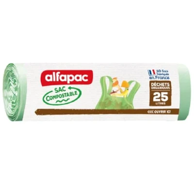 Image de Alfapac 10 sacs 25L compostables à poignées fabriqués en France 100% compostable
