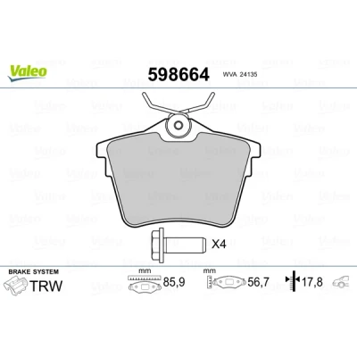 Image de VALEO 598664 Jeu de plaquettes frein Essieu arrière contact signal d&#039;usure exclu avec kit vis fixation, tôle anti bruit