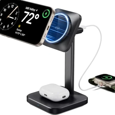 Image de ESR Station de Charge sans Fil 2 en 1, [Certifié] Chargeur Apple Watch et Support MagSafe pour iPhone, Plusieurs Appareils, iPhone 16/15/14/13/12,Airpods 4, Montre AirPods, Noir