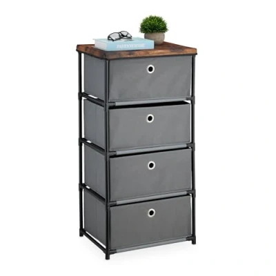 Image de Relaxdays Commode, avec 4 tiroirs en Tissu, Structure métal, 85x43x33 cm, pour Le Salon ou l&#039;entrée, Gris et Marron