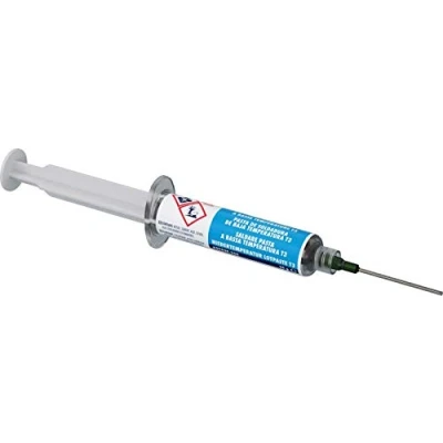 Image de MG Chemicals 4902P Sn42Bi57Ag1 Pâte à souder basse température T3, sans plomb, nettoyage, distributeur pneumatique de 25 grammes (complet avec piston et embout distribution)