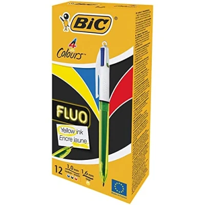 Image de BIC 4 Couleurs Fluo Stylos Bille Rétractables Encres Noire, Bleue, Rouge et Jaune Fluo, Boîte de 12
