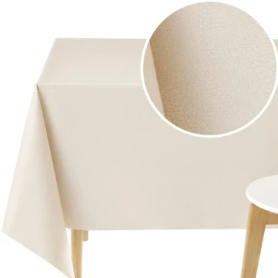 Image de KP HOME Nappe Toile Cirée Rectangulaire 140x200 PVC Motif de Trait et Lignes Blanc sur Fond Beige 200x140 Lavable Style Minimaliste Plastique Étanche Essuyable Exterieur