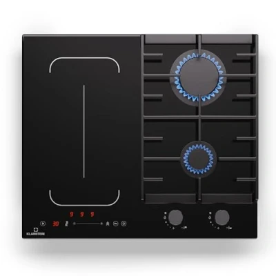 Image de Klarstein MultiChef 4 Plaque Induction Et Gaz Zones, 2 &amp; Induction, Flexzone, 7Kw, Stop&amp;Go, Minuterie, Supports En Fonte Noir, 58,5Cm