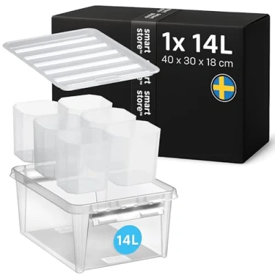 Image de SmartStore 14L Boite Rangement Plastique avec 6 Compartiments et Couvercle Transparente Emboîtables Empilables Apte au contact alimentaire Fermeture à Clips 40 x 30 18 cm