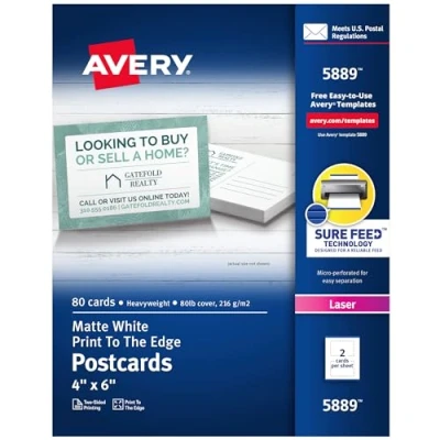 Image de AVERY cartes postales imprimables avec technologie Sure Feed, 10,2 x 15,2 cm, blanc, 80 vierges pour imprimantes laser (05889)