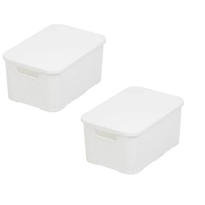 Image de BranQ Home essential Lot de 2 corbeilles avec couvercle aspect rotin Taille M 19 l Plastique PP sans BPA Blanc 28,8 x 19,7 16,2 cm