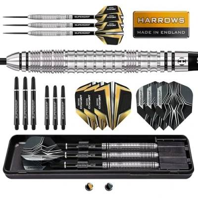 Image de Harrows Jeu de fléchettes Combat 90 % tungstène pointe en acier I 21 g à 30 Tous poids disponibles énorme lot 17 pièces avec tiges rechange, ailettes Prime et étui voyage (21 g)