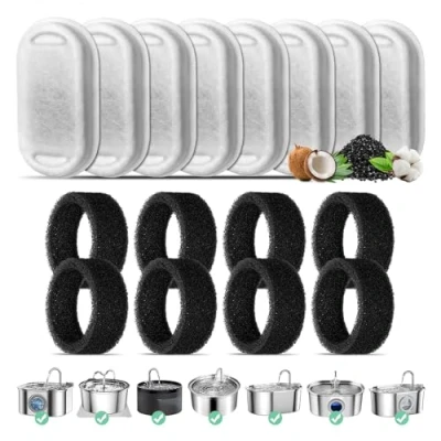 Image de Filtre Fontaine Eau Chat, 8 pièces Filtres De Remplacement pour 3,2L/2L à Chat en Acier Inoxydable, avec Charbon Actif et Mousse