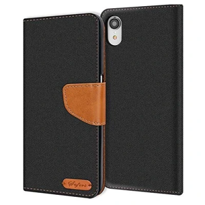 Image de Verco Coque pour iPhone XR, Étui Portefeuille Compatible avec Apple XR Case Textures de Fibre Housse Protection, Noir