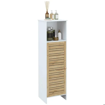 Image de HOMCOM Meuble de Salle Bain sur Pied Rangement avec 1 Compartiment Ouvert et Placard à étagère réglable, Porte en Bambou, 35 x 30 120 cm Blanc