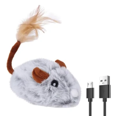 Image de DONGKER Souris Jouet Électrique pour Chat,Jouet Interactif Rechargeable par USB avec Queue de Plume Chaton D&#039;intérieur Courant Contre L&#039;ennui