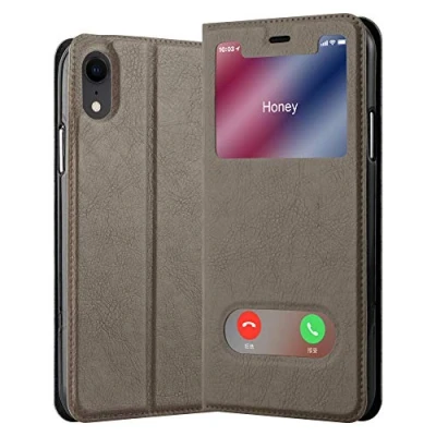 Image de Coque pour Apple iPhone XR en MARRON PIERRE Housse de protection Étui avec fermeture magnétique, fonction support et 2 fenêtres visualisation Neuf