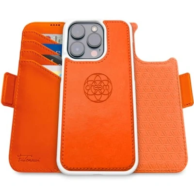 Image de dreem Fibonacci Compatible avec iPhone 16 Pro Max funda cartera / 2 en 1 étui Antichoc et Folio Amovible Cuir végétal, MagSafe, Protection RFID [Orange]