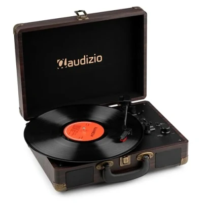 Image de Audizio RP116DW Platine Vinyle Rétro avec Bluetooth in &amp; Out, Haut Parleurs Intégrés Noyer, Lecture 33/45 78 Tours, Idéal pour Écouter Vos Anciens Vinyles Préférés
