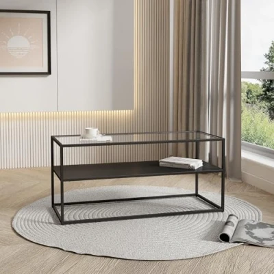 Image de [en.casa] Table Basse de Salon Design avec Compartiment Rangement d&#039;Appoint Style Intemporel Industriel Étagère Acier Verre Trempé 102 x 43 46 cm Noir Mat