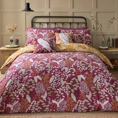 Image de Dreams &amp; Drapes Housse de Couette Chouette des Bois Mauve Rouge 260 x 220 cm 2 Taies d&#039;oreiller Réversible Couleurs 100% Coton Brossé Literie avec Hiboux d&#039;automne