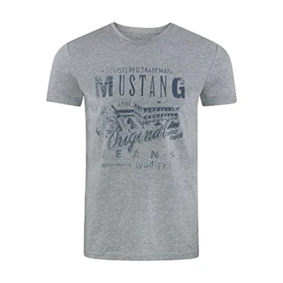 Image de MUSTANG T shirt d&#039;été pour homme Coupe droite Col rond Manches courtes Avec logo imprimé En coton Noir, blanc, bleu, gris, vert Tailles S, M, L, XL, 2XL, 3XL, 4XL, 5XL, 6XL, Bleu minéral