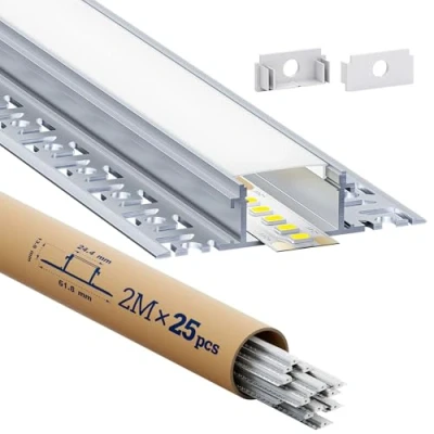 Image de HOOLED Profile Alu pour Ruban LED 25 x 2m Avec un couvercle en PC Blanc Laiteux Profilé Encastrable Dimensions 24,4 mm (lamelles 61,8mm) 10 mm, Prend charge les Bandes d&#039;une Largeur 20