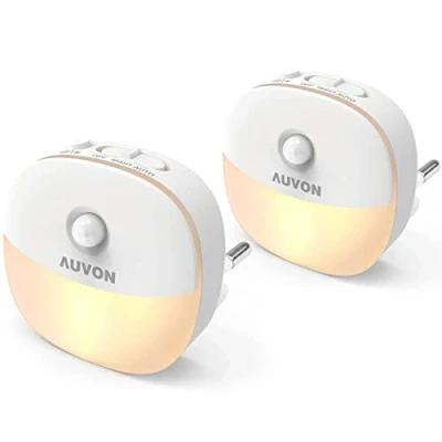 Image de AUVON Veilleuses LED avec Capteur de Mouvement et Crépusculaire [Lot 2], Veilleuse Prise Electrique Blanc Chaud Luminosité Réglable 1 50 lm pour Chambre Bébé, Couloir, Escalier