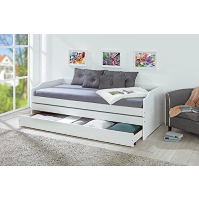 Image de Inter Link Lit gigogne avec rangements tiroir convertible 3 couchages 90 x 200 cm Bois massif 2 sommiers à lattes inclus Sans matelas Blanc vernis Lotar 90x200