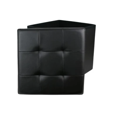 Image de Home Deco Factory HD3400 Pouf Coffre de rangement Pliable Carré Simili cuir capitonné Noir H38 x 38 cm