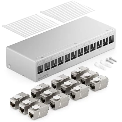 Image de deleyCON Panneau de Brassage 12 Ports Kit Distribution 1U + 12x RJ45 Modules Keystone Jack STP CAT6a Compatibles avec Câble Fixes CAT5 CAT6 CAT7 Câbles Réseau Ethernet LAN DSL Gris