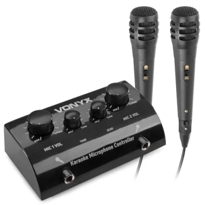 Image de SkyTec AV430B Table de Mixage Écho Karaoké 2 Canaux avec Microphones Noir, Mixeur Sonorisation, Micros Filaires, Mélangeur à Réglable, Soirée Karaoké, Contrôle Microphones, Jack 6,3mm