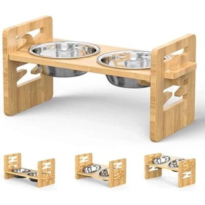 Image de gamelles Surelevee pour Chiens et Chats, Supports Surélevés en Bambou avec 2 d&#039;eau de Nourriture Acier Inoxydable, Pieds antidérapants