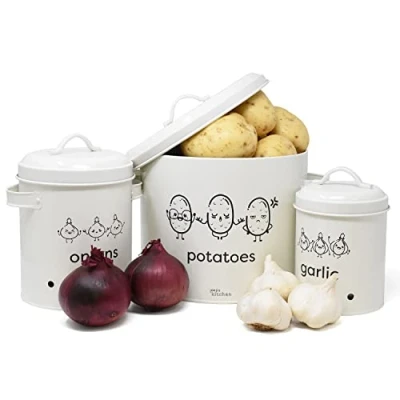 Image de Joejis Rangement Pomme de Terre oignon ail Lot 3,Métal boite oignons echalotte avec couvercle circulation d&#039;air à 360 Creme