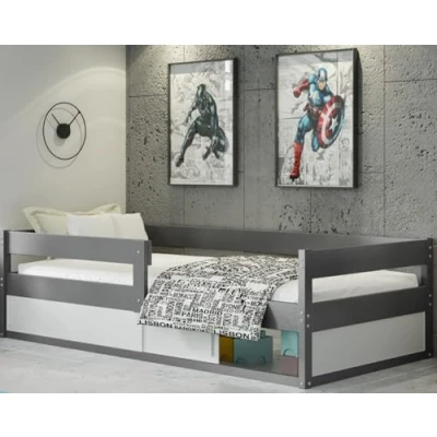 Image de Lit Enfant Hugo 80x160 avec sommier à Lattes et Coffre sous Le Fonctionnel Simple,Montessori (Gris+blanc)