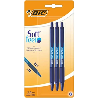 Image de BIC Soft Feel Stylos Bille Rétractables avec Grip en Caoutchouc, Pointe Moyenne (1,0 mm) Bleu, Blister de 3