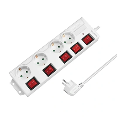Image de LogiLink LPS252 Bloc multiprise 4 Prises (CEE 7/3), avec 5 interrupteurs Marche/arrêt, Protection Contre Les surtensions + obturateur de sécurité intégré (Protection Contact Accrue),