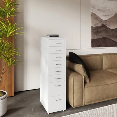 Image de [en.casa] Caisson de Bureau à 8 Tiroirs Meuble Rangement 4 Roulettes pour Documents Dossiers Fournitures Acier Laminé Froid 109 x 28 41 cm Blanc