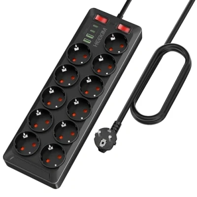 Image de HEEKIM Multiprise, Multiprise USB, Murale 11 Prises avec 2 USB A et C, 4000W/16A, Interrupteurs, Câble d&#039;extension de 2M, Noir