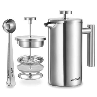 Image de VonShef Cafetière à Piston en Acier Inoxydable avec Filtre Lavable, Cuillère Doseuse/Pince de Fermeture Sachet Pour 6 Tasses, 800 ml