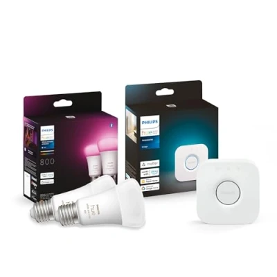 Image de Philips Hue Kit de Démarrage Ambiance Blanc et Couleur : 2 Ampoules connectées LED E27 60W, Contrôle Bluetooth Pont, fonctionne avec Alexa/Google Home, Expérience Lumineuse Personnalisée