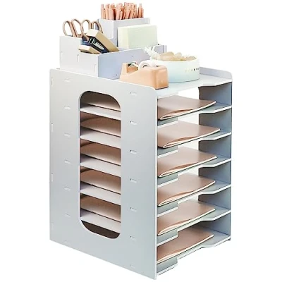 Image de Bac à Courrier de Bureau, 7 Niveaux Organisateur Bereau en PVC Stocakge Fichier A4 Documents, Blanc avec Porte Stylo Rangement Bois Support,