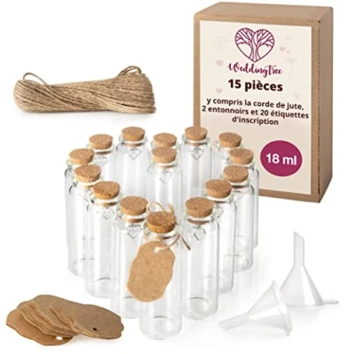Image de WeddingTree 15 x Petite Bouteille en Verre 18ml Tube a Essai pour Les Mariages Fiole Set avec Liège et Pendentif Forme de Coeur comme Cadeau Cariage, Bocal à Épices