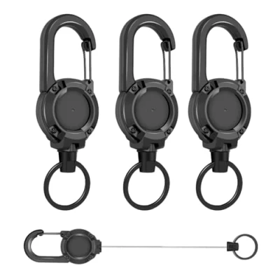 Image de 3 pièces Porte badge mousqueton robuste,Porte Clef Enrouleur Cable Acier 60cm, clés Rétractable Robuste