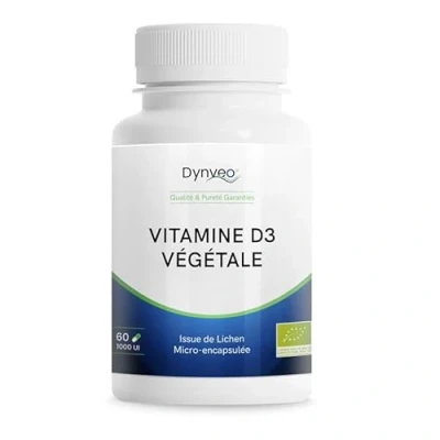 Image de Vitamine D3 Végétale Cholécalciférol 60 Gélules 1000 UI par gélule Source Naturelle issue du Lichen Forme active micro encapsulée Meilleure assimilation Vegan &amp; Sans Additifs Dynveo