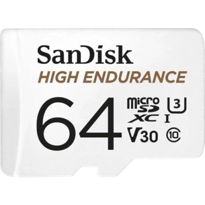 Image de SanDisk HIGH ENDURANCE Video Monitoring for Dashcams &amp; Home 64 GB microSDXC Memory Card + SD Adaptor, Up to 100 MB/s read and 40 Write, Class 10, U3, V30, White