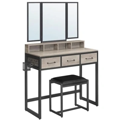 Image de VASAGLE Coiffeuse avec Miroir Pliant 3 pièces, Support sèche Cheveux, Table de Maquillage Tabouret rembourré, tiroirs, Design Industriel, Greige et Noir RVT004B02