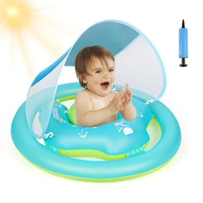 Image de Gerbala Bouee Bebe avec Pare Soleil UPF 50+, Flotteurs Bébé Double Airbag, Siège de Sécurité Réglable, Flotteur Bain Gonflable pour 6 à 36 Mois (Blau)