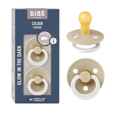 Image de Tétine BIBS Colour Glow. Lot de 2 sucettes. Brillent dans le noir. Sans bisphénol A, Téterelle ronde. Latex caoutchouc naturel, Fabriqué au Danemark, Taille 1 (0 6 mois), Vanilla Glow